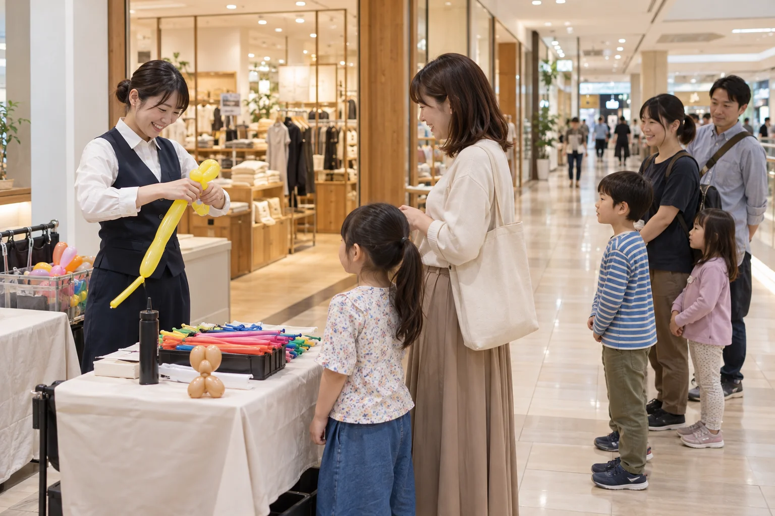 店舗横の制作ブースで作品づくりを見ながら順番を待つ親子