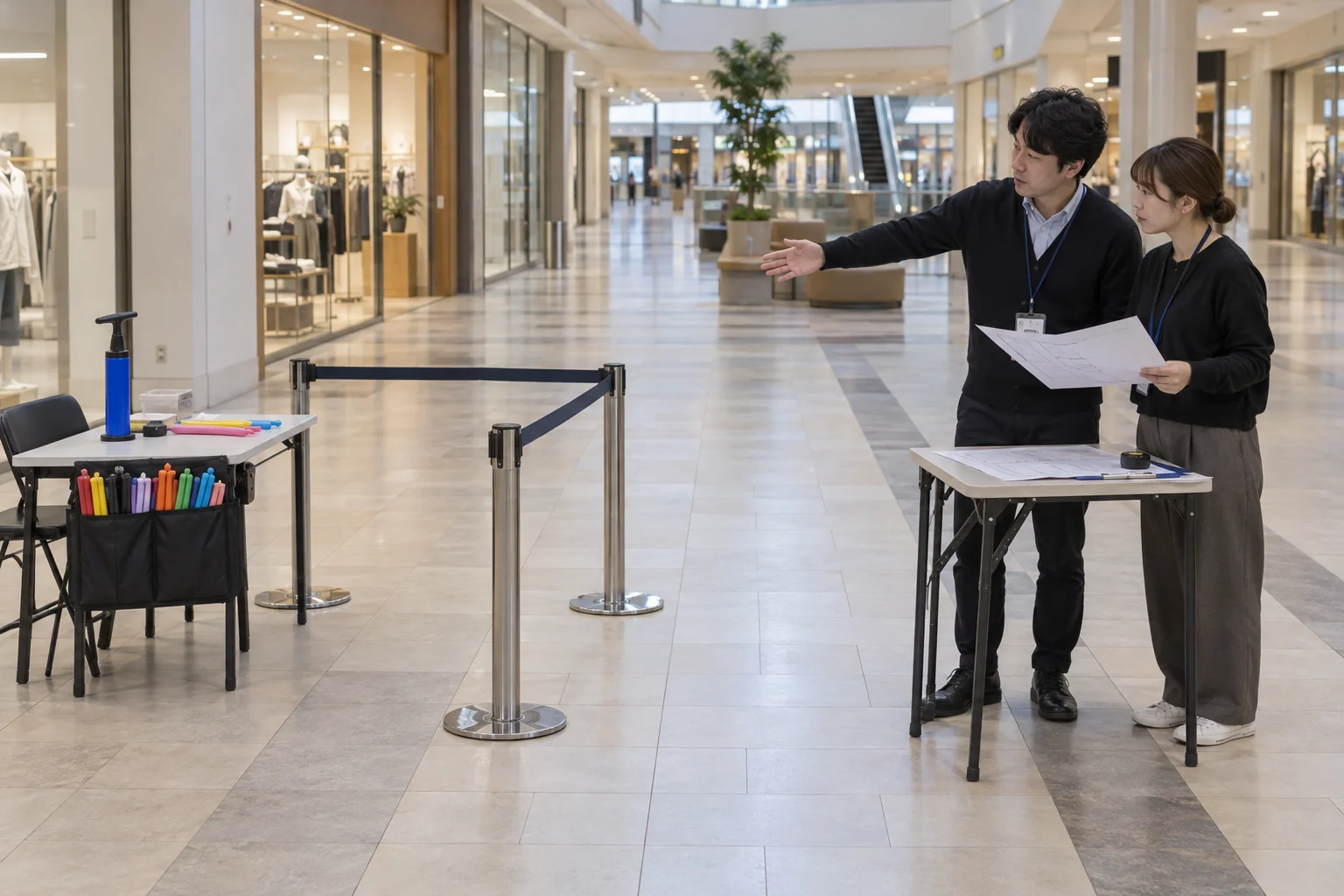 開催前に図面と現場を見比べて設営位置を相談するイメージ